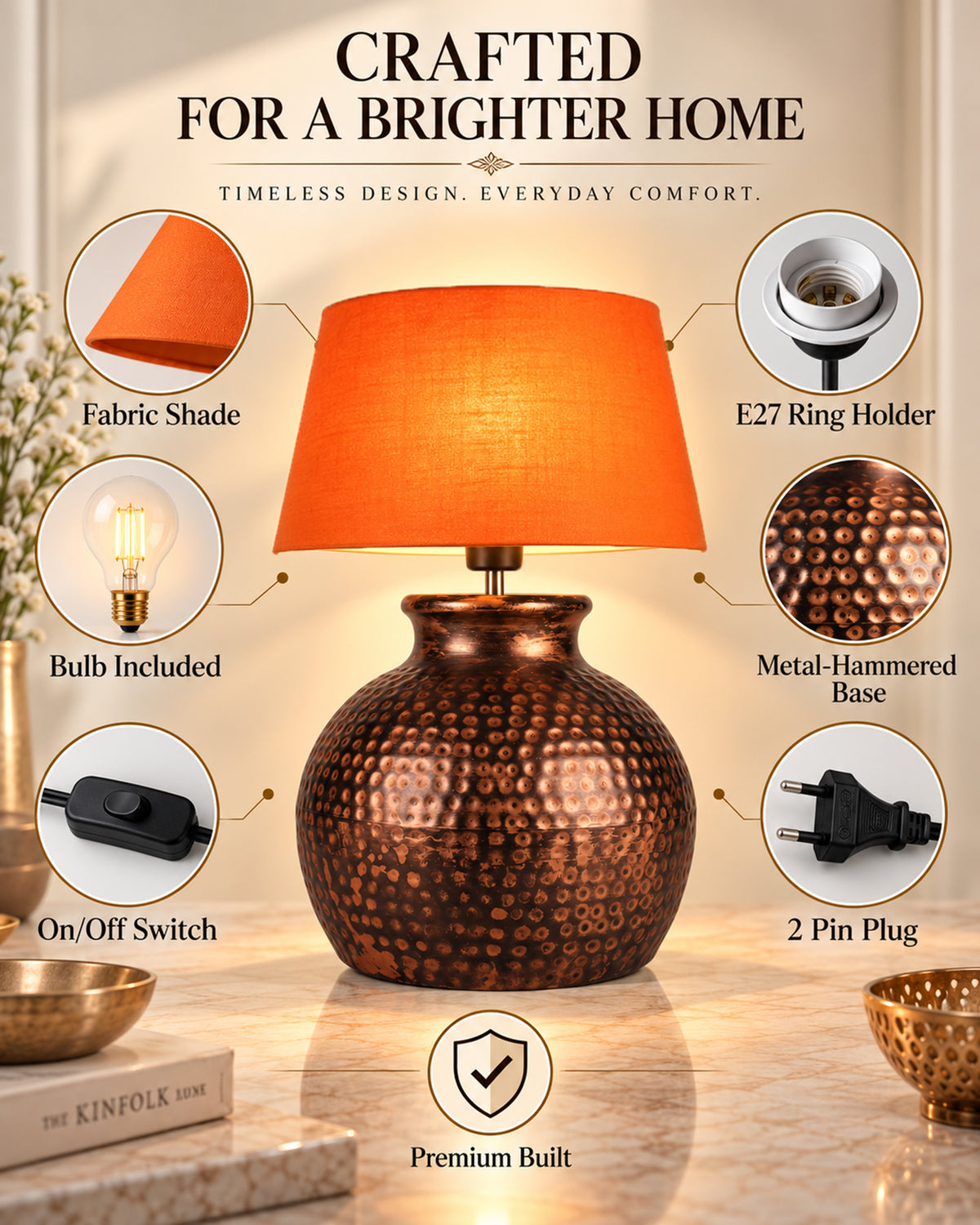 Pot Antique Table Lamp Hammered Oil-Rubbed Bronze Metal Linen Drum Shade for Living Room Family Bedroom