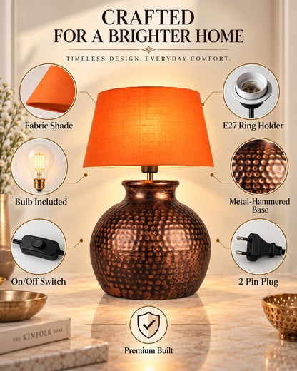 Pot Antique Table Lamp Hammered Oil-Rubbed Bronze Metal Linen Drum Shade for Living Room Family Bedroom