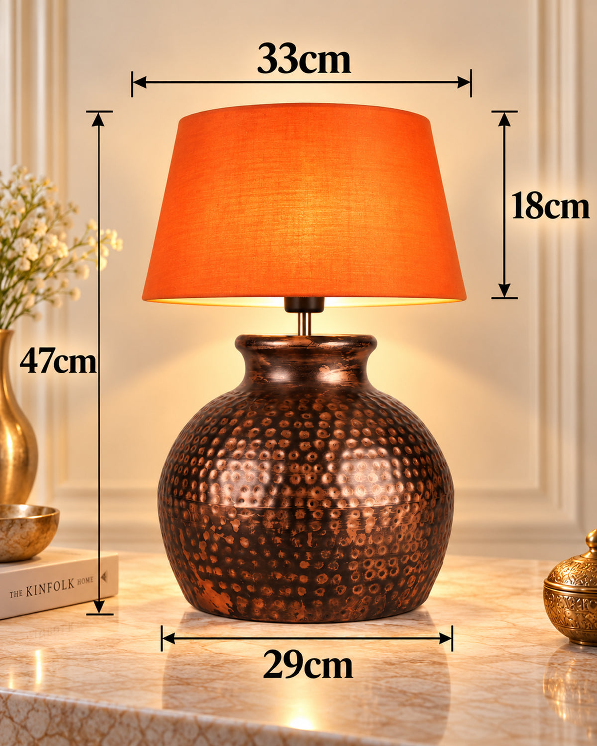 Pot Antique Table Lamp Hammered Oil-Rubbed Bronze Metal Linen Drum Shade for Living Room Family Bedroom