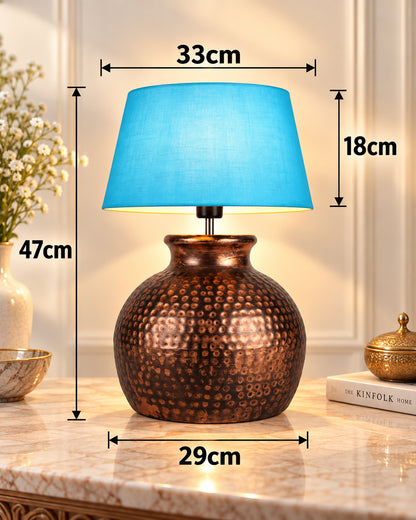 Pot Antique Table Lamp Hammered Oil-Rubbed Bronze Metal Linen Drum Shade for Living Room Family Bedroom