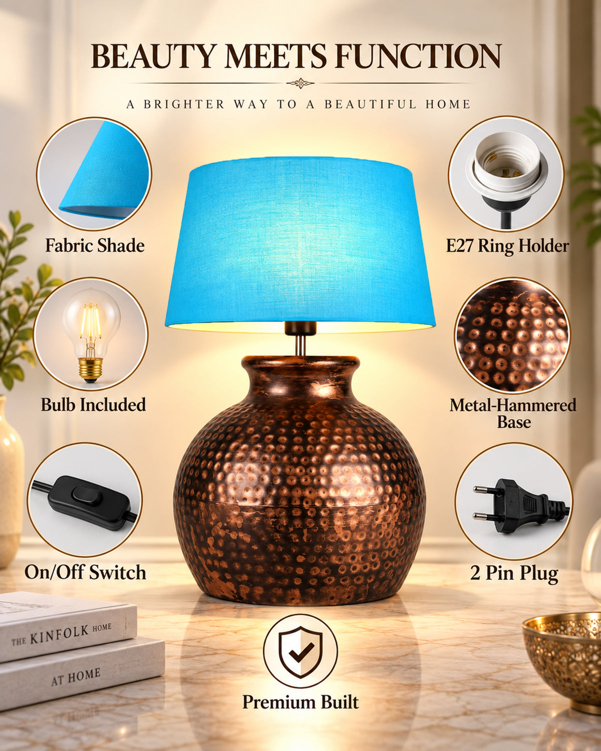 Pot Antique Table Lamp Hammered Oil-Rubbed Bronze Metal Linen Drum Shade for Living Room Family Bedroom