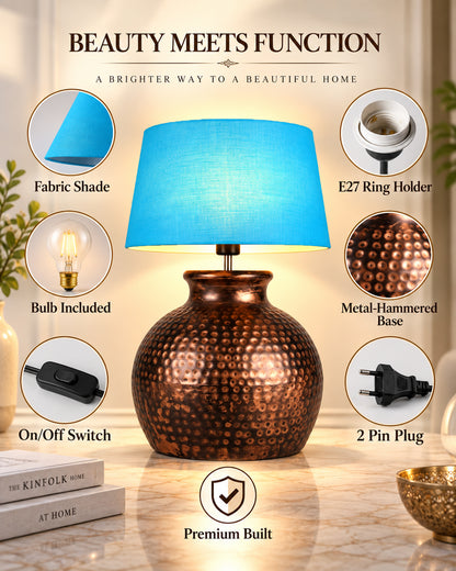 Pot Antique Table Lamp Hammered Oil-Rubbed Bronze Metal Linen Drum Shade for Living Room Family Bedroom