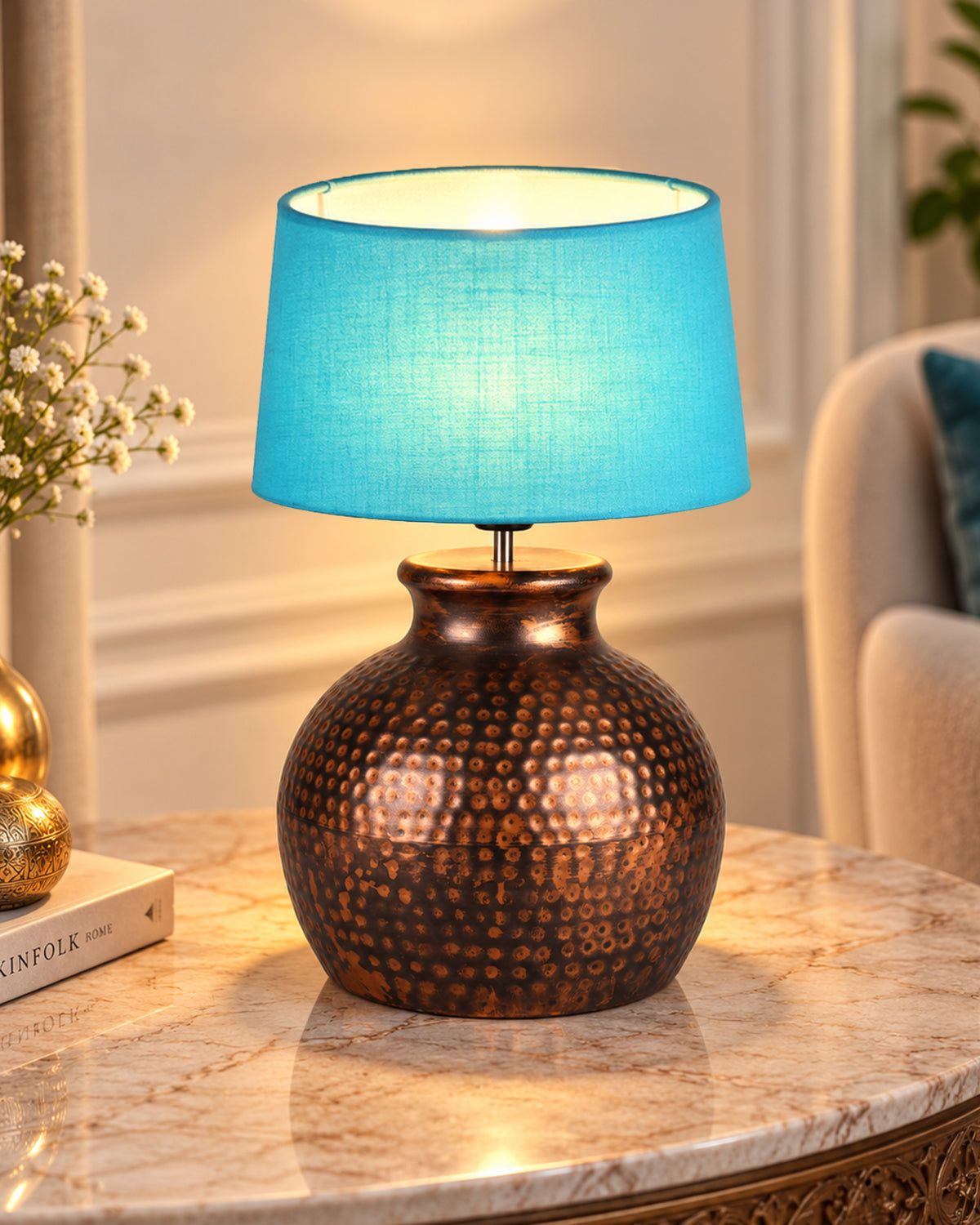 Pot Antique Table Lamp Hammered Oil-Rubbed Bronze Metal Linen Drum Shade for Living Room Family Bedroom