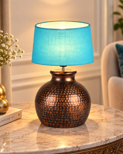 Pot Antique Table Lamp Hammered Oil-Rubbed Bronze Metal Linen Drum Shade for Living Room Family Bedroom