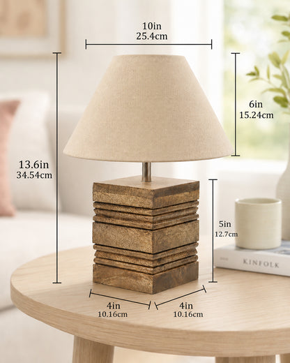 Wood Table Lamp, Modern Base Fabric Lampshade for Home Office Cafe Restaurant, Rib Cube