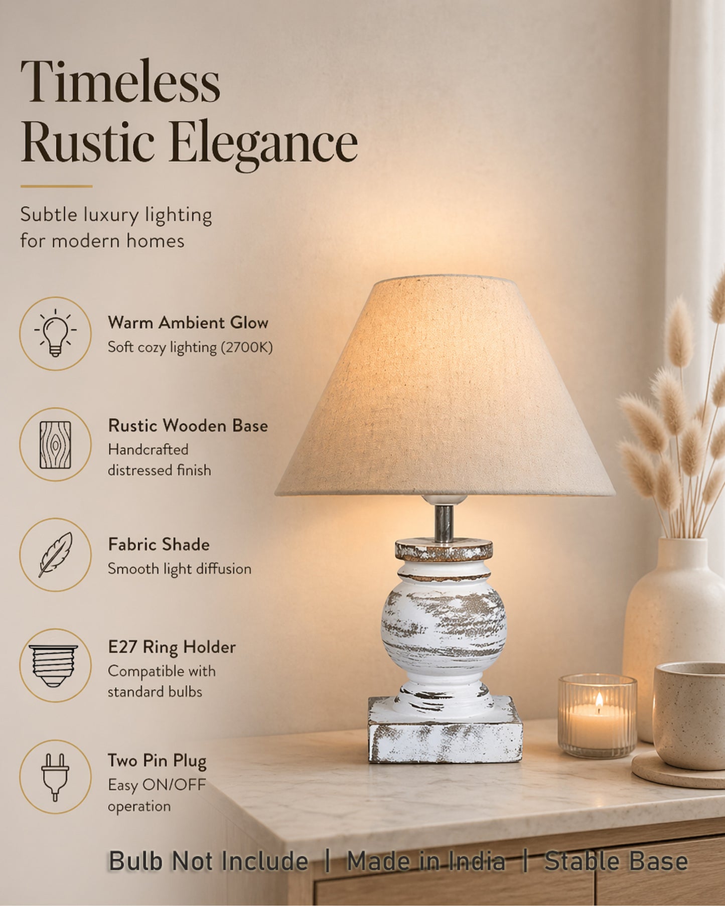 Small Table Lamp for Bedroom Whitewash Distress Living Room Simple Retro Wood Grain Farmhouse Bedside Lamps Suitable for Nightstand, Gift, Trophy, Jute Shade