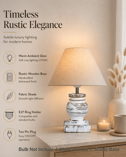 Small Table Lamp for Bedroom Whitewash Distress Living Room Simple Retro Wood Grain Farmhouse Bedside Lamps Suitable for Nightstand, Gift, Trophy, Jute Shade