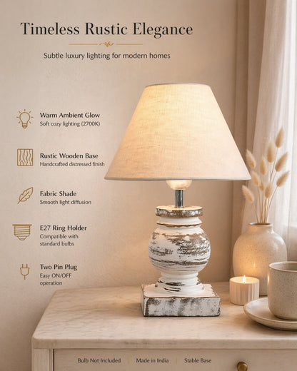 Small Table Lamp for Bedroom Whitewash Distress Living Room Simple Retro Wood Grain Farmhouse Bedside Lamps Suitable for Nightstand, Gift, Trophy, Jute Shade