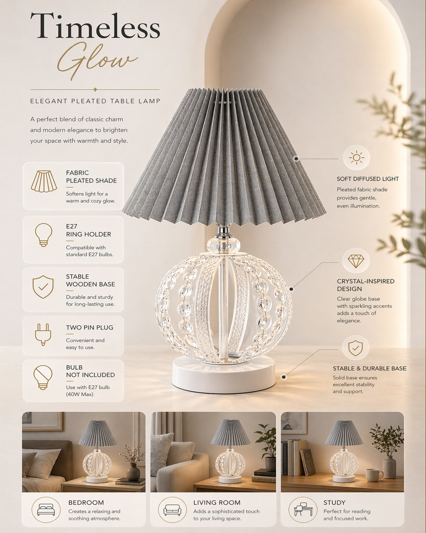 Modern Round Small Crystal Table Lamp,Contemporary Bedroom Bedside Nightstand Lamp,Desk Globe Lamp for Living Room Girls Kids Room, Sphere, Grey Pleated
