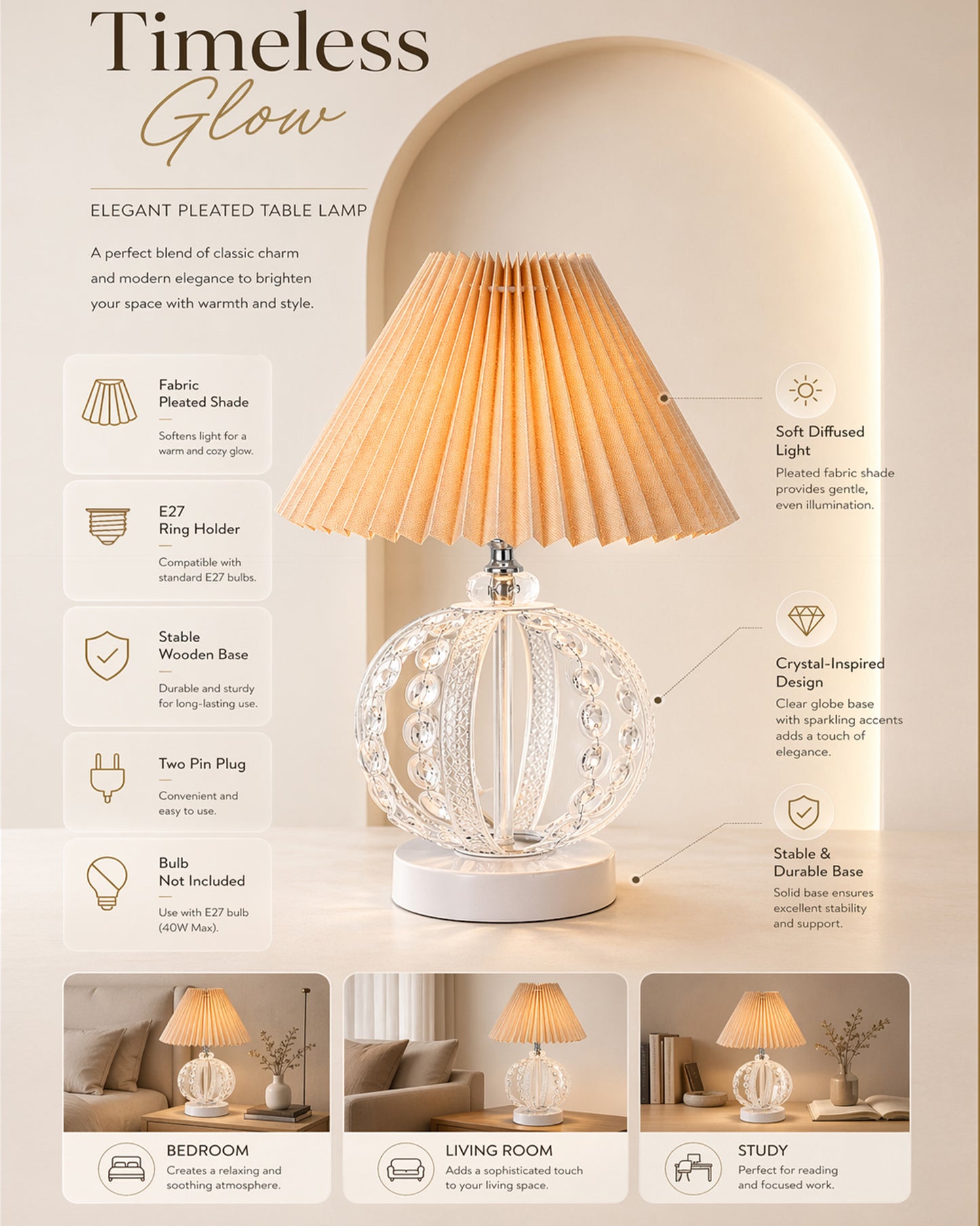Modern Round Small Crystal Table Lamp,Contemporary Bedroom Bedside Nightstand Lamp,Desk Globe Lamp for Living Room Girls Kids Room, Sphere, Grey Pleated