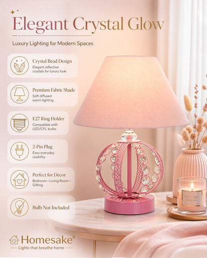 Modern Round Small Crystal Table Lamp,Contemporary Bedroom Bedside Nightstand Lamp,Desk Globe Lamp for Living Room Girls Kids Room, Sphere, White Pleated