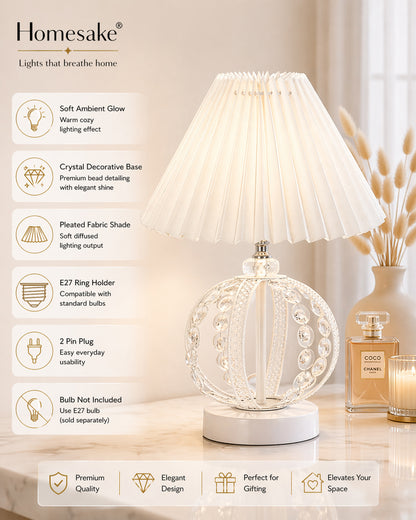 Modern Round Small Crystal Table Lamp,Contemporary Bedroom Bedside Nightstand Lamp,Desk Globe Lamp for Living Room Girls Kids Room, Sphere, Grey Pleated