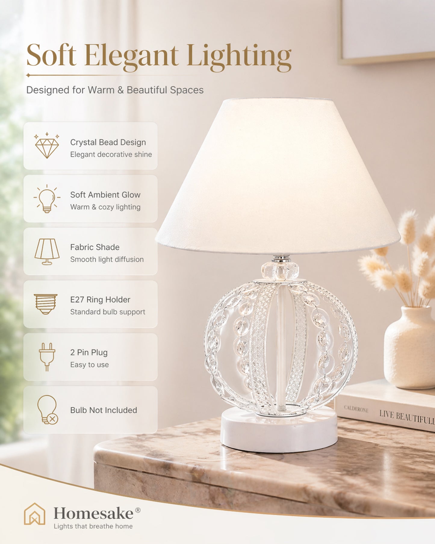 Modern Round Small Crystal Table Lamp,Contemporary Bedroom Bedside Nightstand Lamp,Desk Globe Lamp for Living Room Girls Kids Room, Sphere, White Pleated