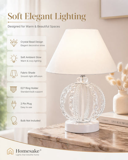 Modern Round Small Crystal Table Lamp,Contemporary Bedroom Bedside Nightstand Lamp,Desk Globe Lamp for Living Room Girls Kids Room, Sphere, White Pleated