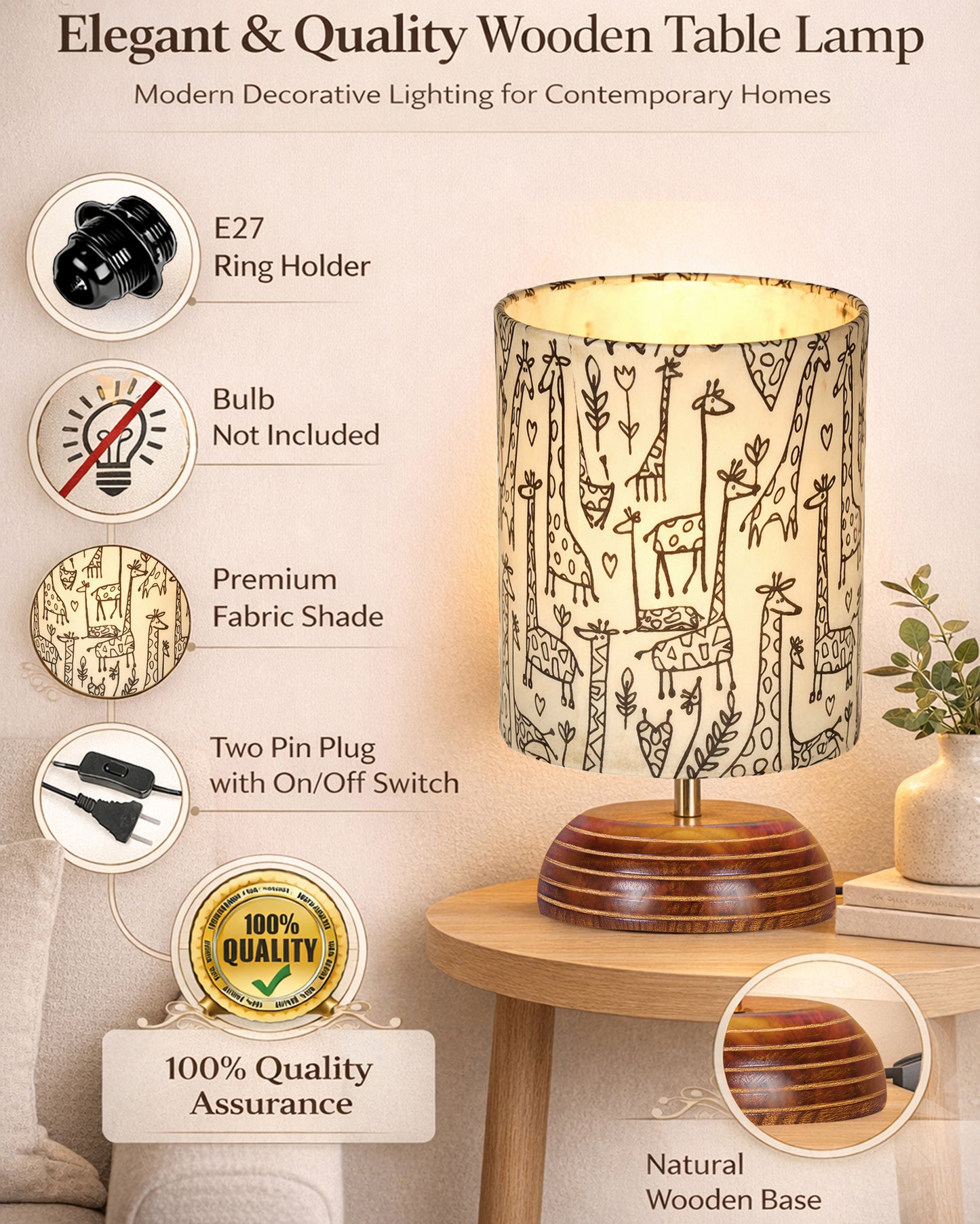 Modern Zen Wooden Lampshade Nightstand Lamps, Antique Base E27 Creative Reading Bedside Lamps Ideal for Bedroom, Pebble, Bird Cylinder