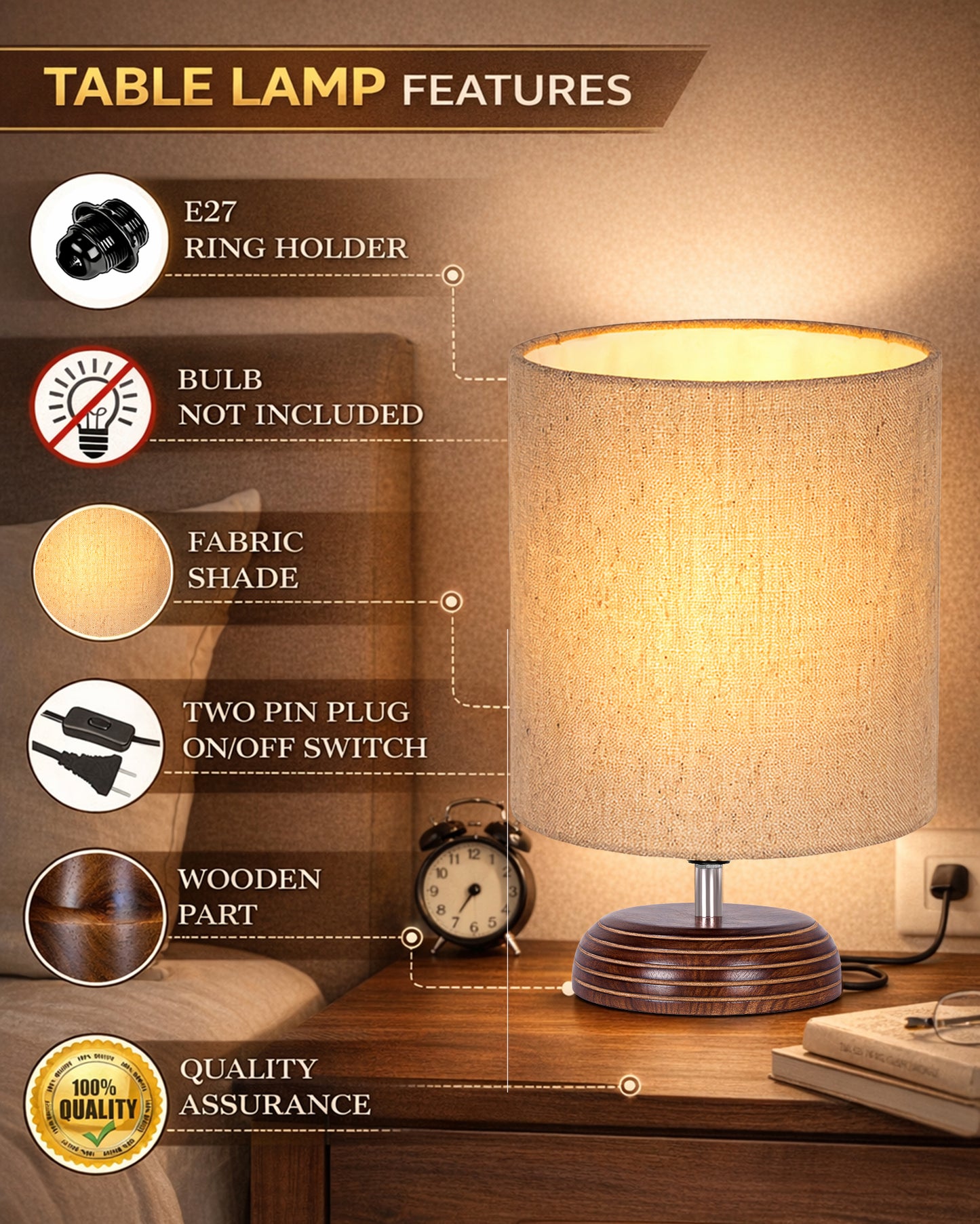 Modern Zen Wooden Lampshade Nightstand Lamps, Antique Base E27 Creative Reading Bedside Lamps Ideal for Bedroom, Pebble, Bird Cylinder