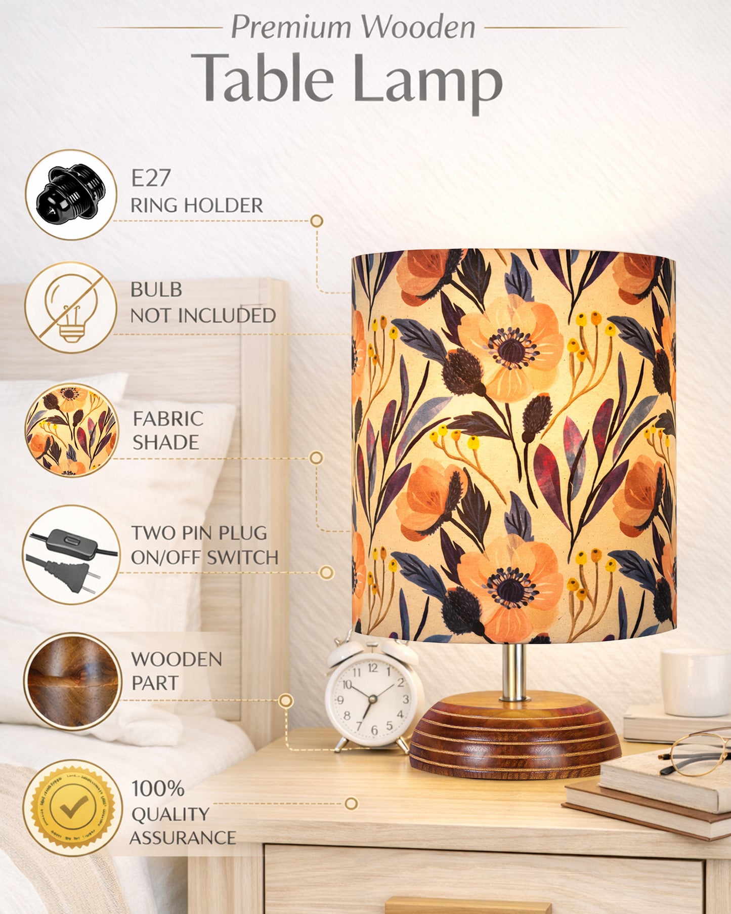 Modern Zen Wooden Lampshade Nightstand Lamps, Antique Base E27 Creative Reading Bedside Lamps Ideal for Bedroom, Pebble, Bird Cylinder