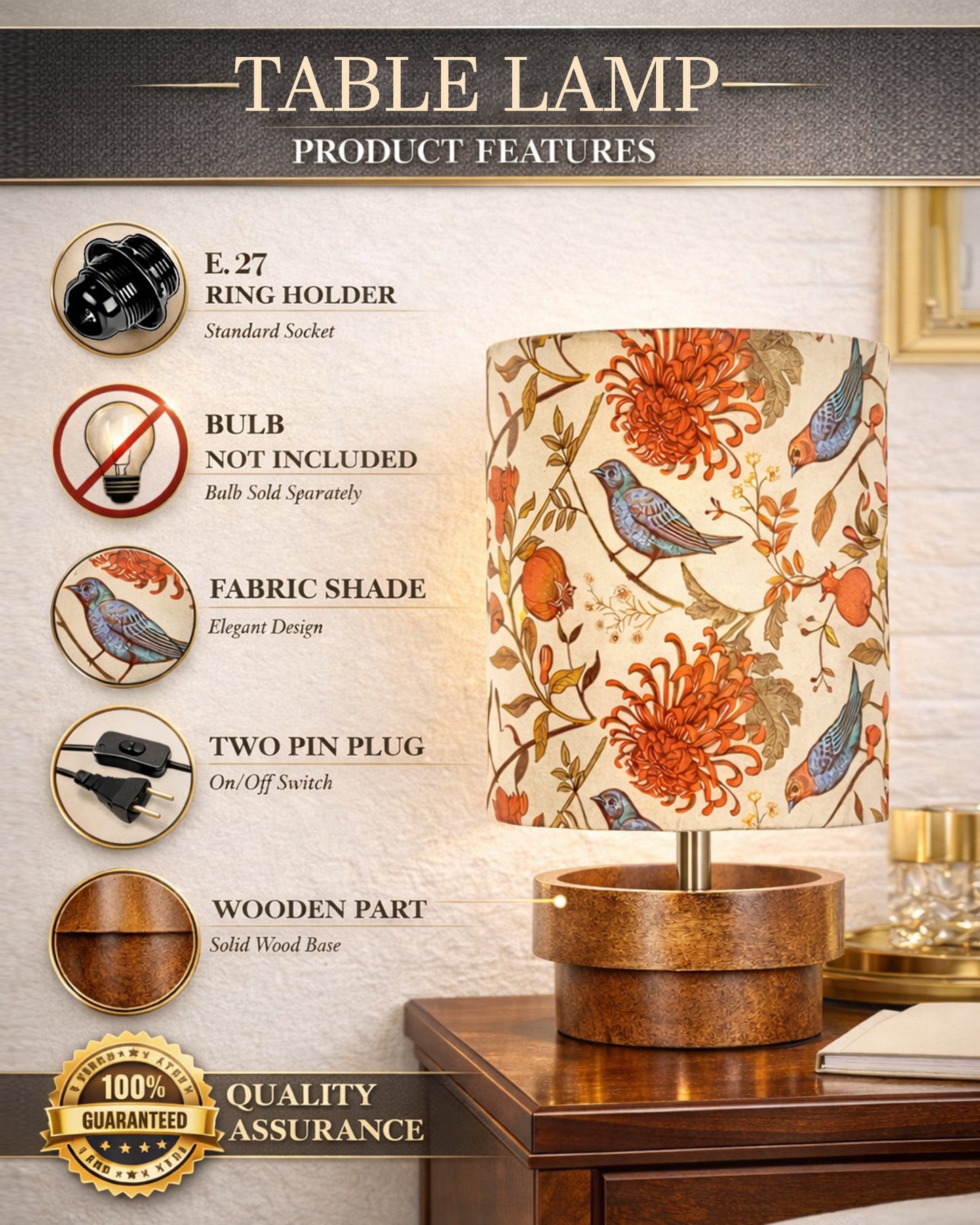 Modern Zen Wooden Lampshade Nightstand Lamps, Antique Base E27 Creative Reading Bedside Lamps Ideal for Bedroom, Concentric, Bird Cylinder