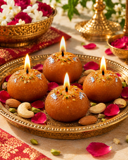 Premium Ladoo Candle, Hand Poured, Motichur Laddoo Candles, Diwali Gift Pack Decorative Scented Candle 100% Paraffin Wax, Set of 4