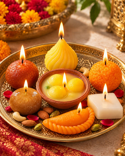 Premium Ladoo Candle, Hand Poured, Motichur Laddoo Candles, Diwali Gift Pack Decorative Scented Candle 100% Paraffin Wax, Set of 4