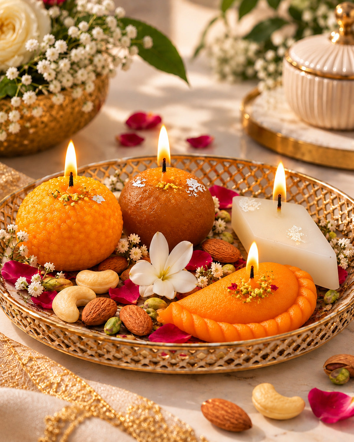 Premium Ladoo Candle, Hand Poured, Motichur Laddoo Candles, Diwali Gift Pack Decorative Scented Candle 100% Paraffin Wax, Set of 4