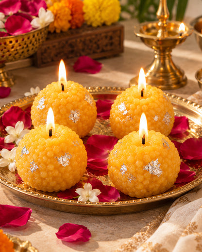 Premium Ladoo Candle, Hand Poured, Motichur Laddoo Candles, Diwali Gift Pack Decorative Scented Candle 100% Paraffin Wax, Set of 4