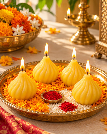 Premium Ladoo Candle, Hand Poured, Motichur Laddoo Candles, Diwali Gift Pack Decorative Scented Candle 100% Paraffin Wax, Set of 4
