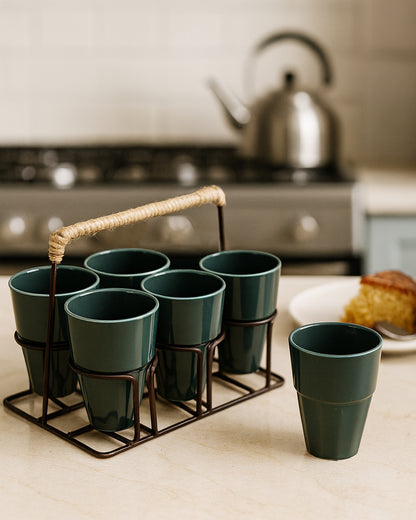 Homesake® Ceramic Chai Glass Set with Metal Stand, 6 Pieces Red Tea Glasses, Coffee, Kitchen, Dining Table & Home Serving, Dishwasher & Microwave Safe Tea Set, Hot & Cold Coffee Cup-120ml