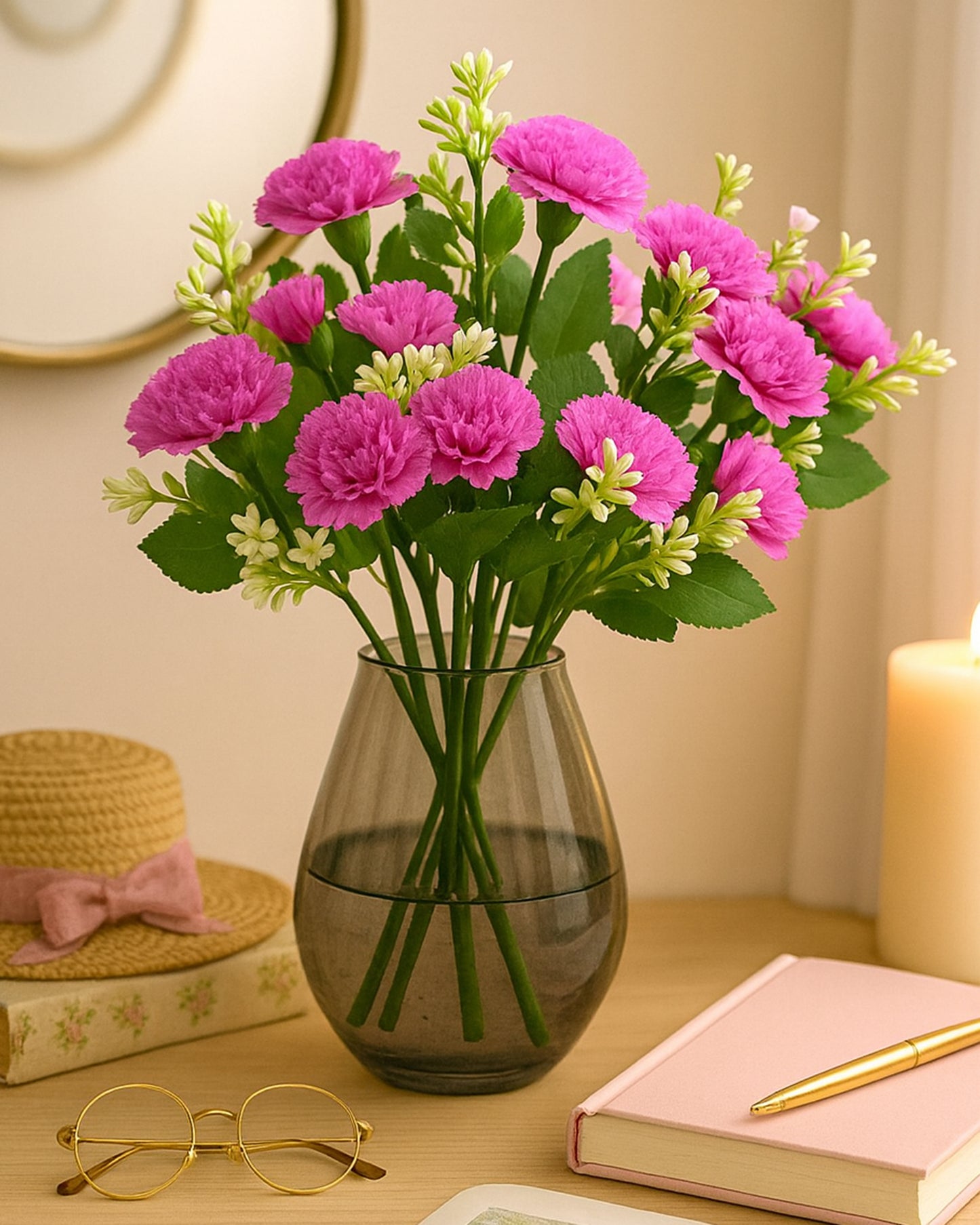 Homesake® Artificial Carnation Flowers with Greenery, Faux Floral Bouquet for Home Decor, Table Centerpiece, Living Room, or Gift, Pot Not Included, Realistic Silk Flowers Arrangement, Yellow