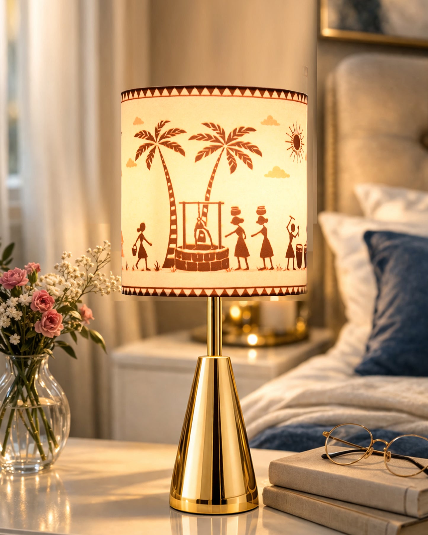 Luxe Cone Gold Table Lamp with Linen Fabric Drum Shade, Modern Decorative Bedside Lamp for Bedroom & Study Table, Living Room & Side Table, Cylinde Shade