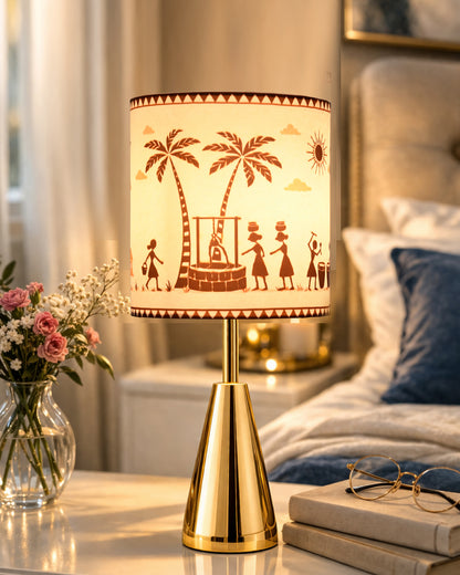 Luxe Cone Gold Table Lamp with Linen Fabric Drum Shade, Modern Decorative Bedside Lamp for Bedroom & Study Table, Living Room & Side Table, Cylinde Shade
