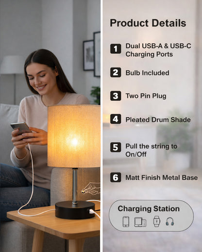 Homesake® Bedside Lamp for Bedroom Nightstand Table Light with USB A | C Charging Port, 3 Color Temperatures Pull Chain Light, Side Study Desk lamp, Reading lamp, Living Room Gift