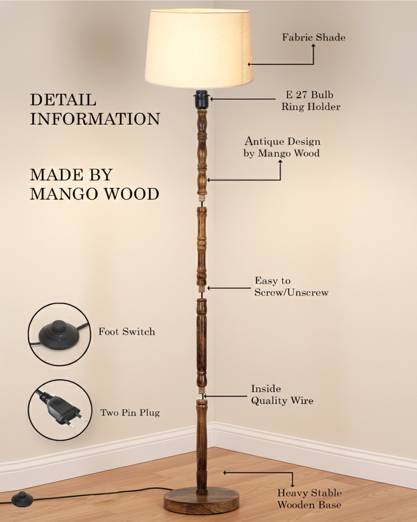 Homesake® Mid Century Solid Wood Antique Floor Lamp,Hand turned Floor Lamp Wood for Living Room,Stand Lamp with Fabric Lampshade for Bedroom, Study Room and Office