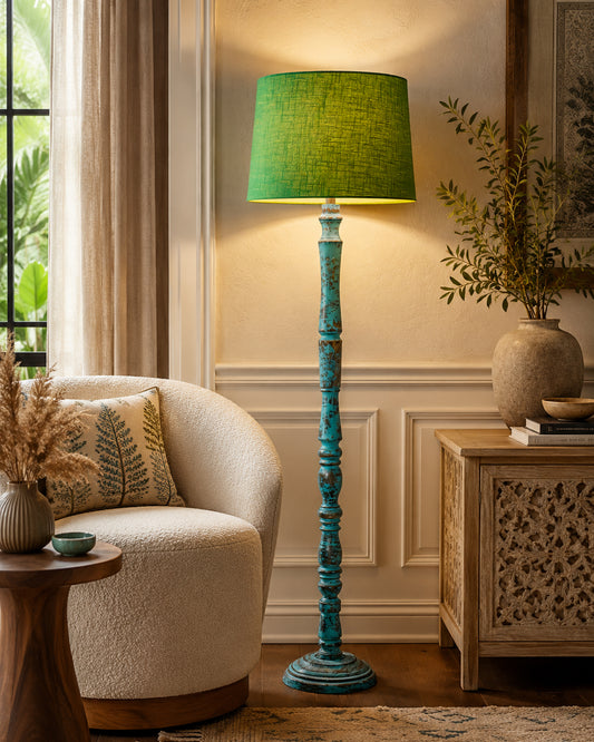 Rustic Wood Floor Lamp in Walnut Brown with Multicolor Fabric Lamp Shade | Light Decoration for Home Corner | Living Room & Bedroom Bedside Floor Lamp, Antique Floor Light, Algae Stick, Bird