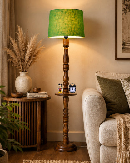 Rustic Wood Floor Lamp in Walnut Brown with Multicolor Fabric Lamp Shade | Light Decoration for Home Corner | Living Room & Bedroom Bedside Floor Lamp, Antique Floor Light, Tray End Table, Bird
