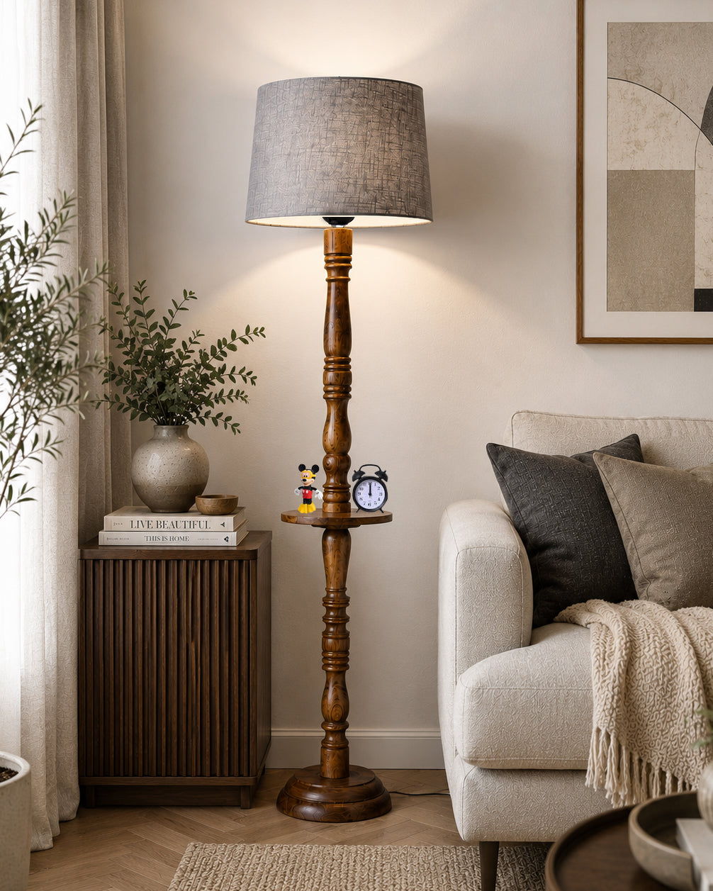 Rustic Wood Floor Lamp in Walnut Brown with Multicolor Fabric Lamp Shade | Light Decoration for Home Corner | Living Room & Bedroom Bedside Floor Lamp, Antique Floor Light, Tray End Table, Bird