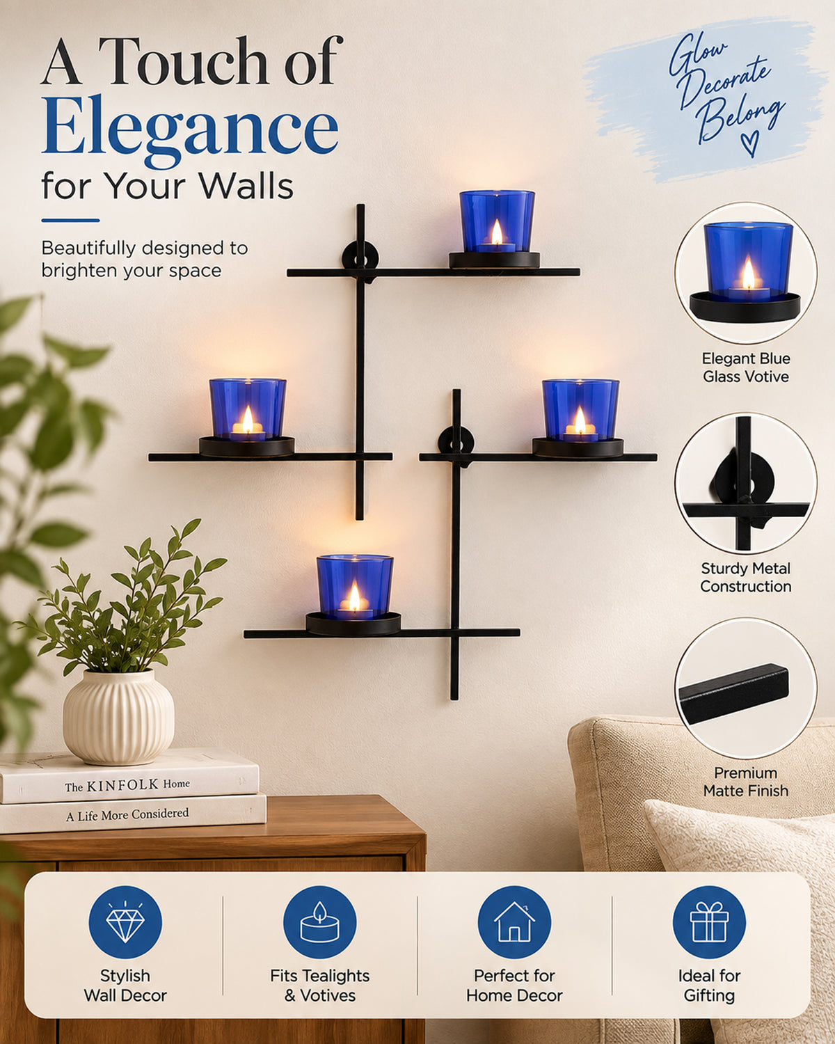 Homesake® Black Scorching Ladder with Pair of Votive Wall Hanging Candle Tealight Holder, Set of 2