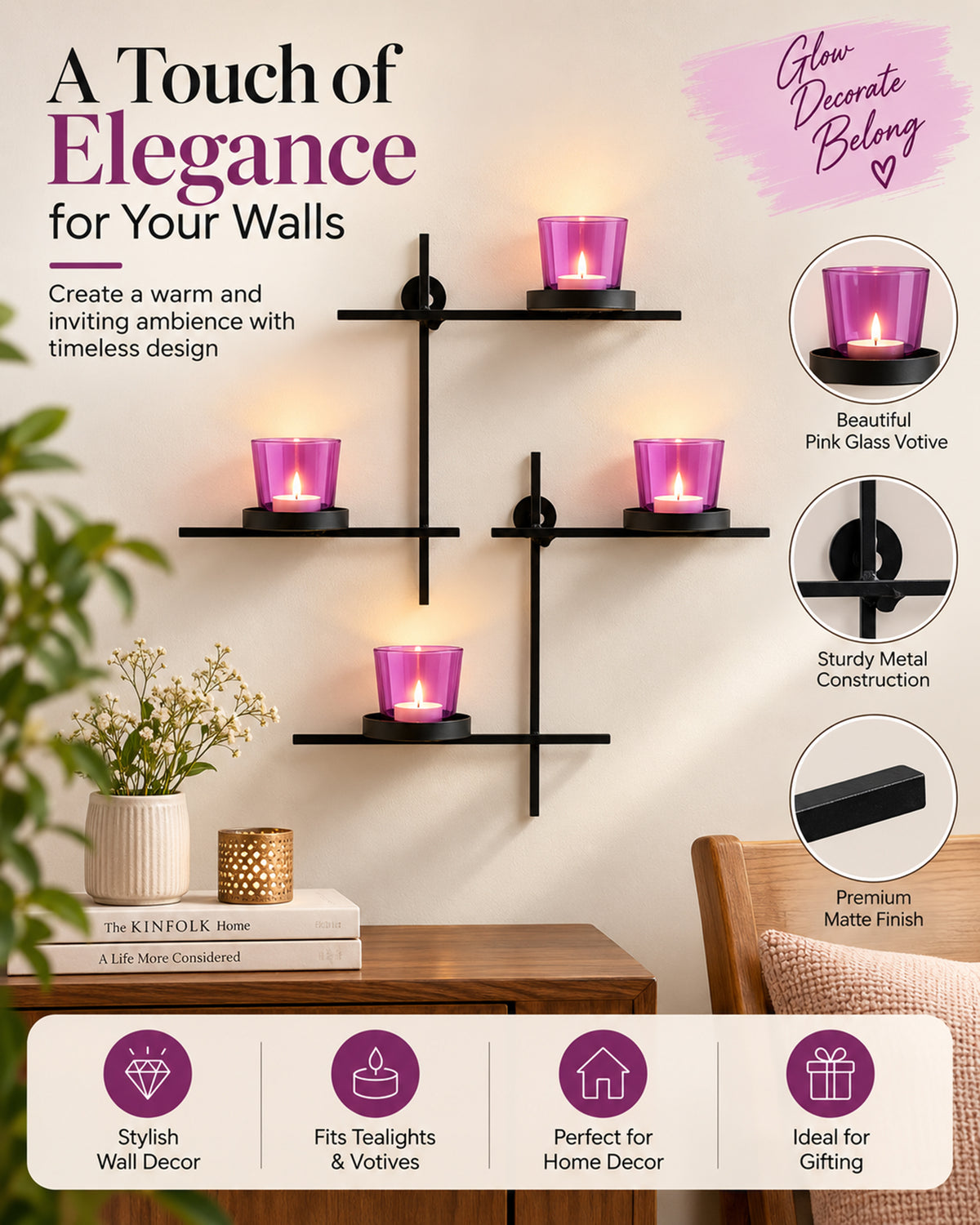 Homesake® Black Scorching Ladder with Pair of Votive Wall Hanging Candle Tealight Holder, Set of 2