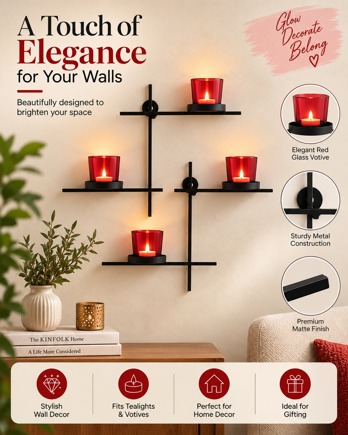 Homesake® Black Scorching Ladder with Pair of Votive Wall Hanging Candle Tealight Holder, Set of 2