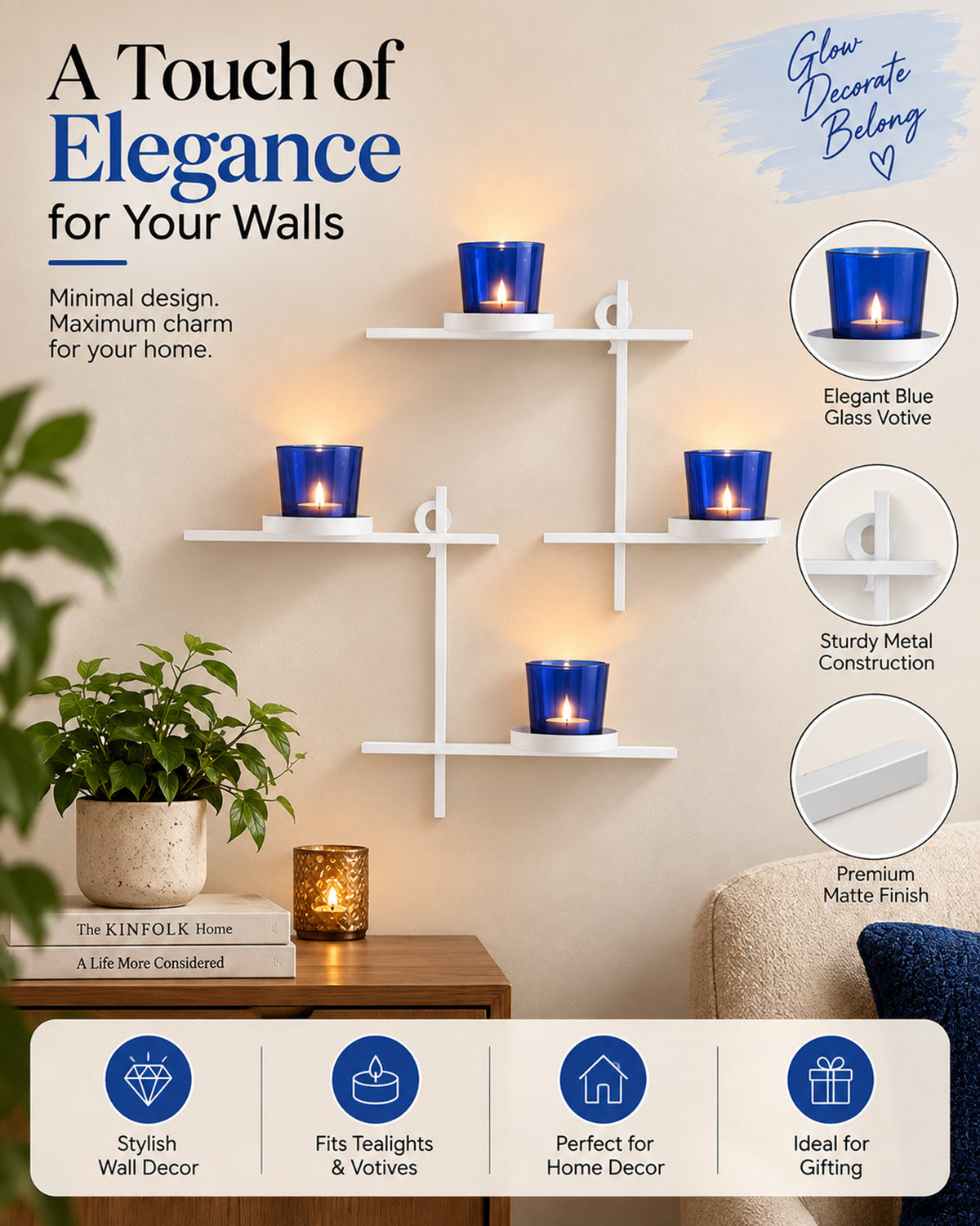 Homesake® White Scorching Ladder with Pair of Votive Green Wall Hanging Candle Tealight Holder, Set of 2