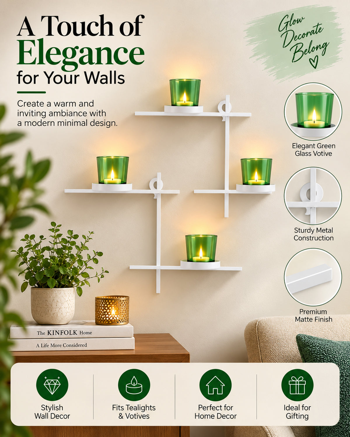 Homesake® White Scorching Ladder with Pair of Votive Green Wall Hanging Candle Tealight Holder, Set of 2