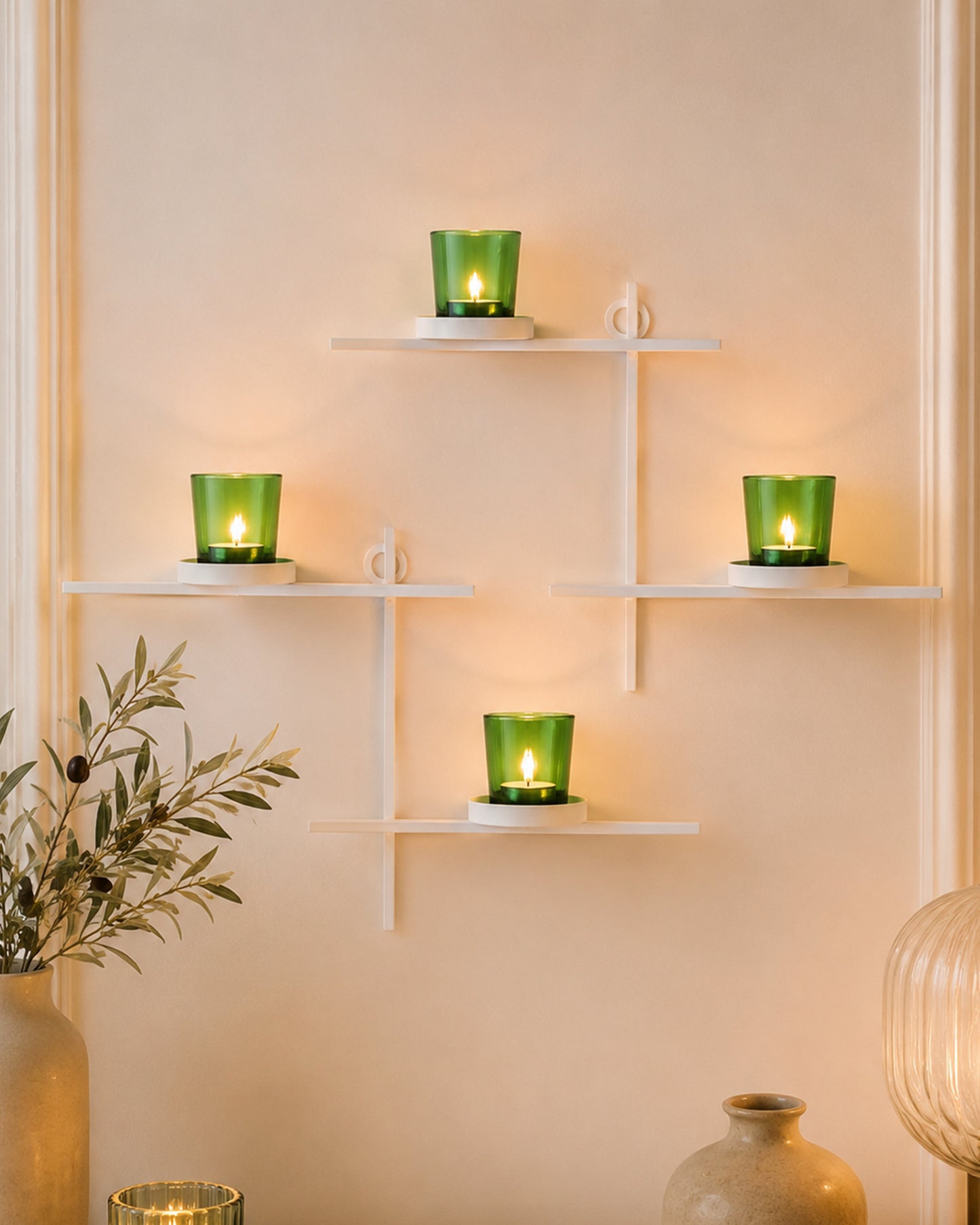 Homesake® White Scorching Ladder with Pair of Votive Green Wall Hanging Candle Tealight Holder, Set of 2