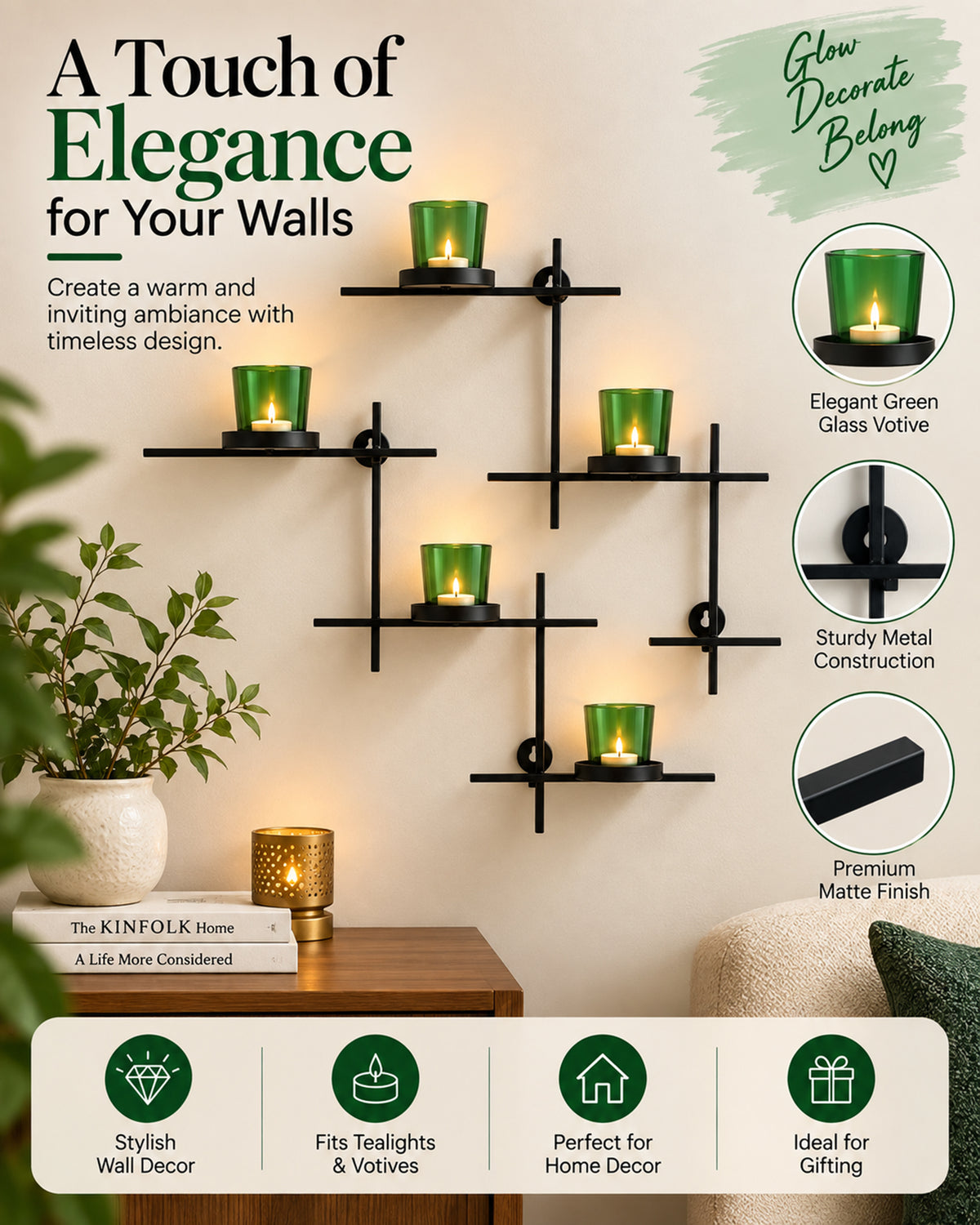 Homesake® Black Scorching Ladder with Six Votive Green, Wall Hanging Candle Tealight Holder, Set of 2