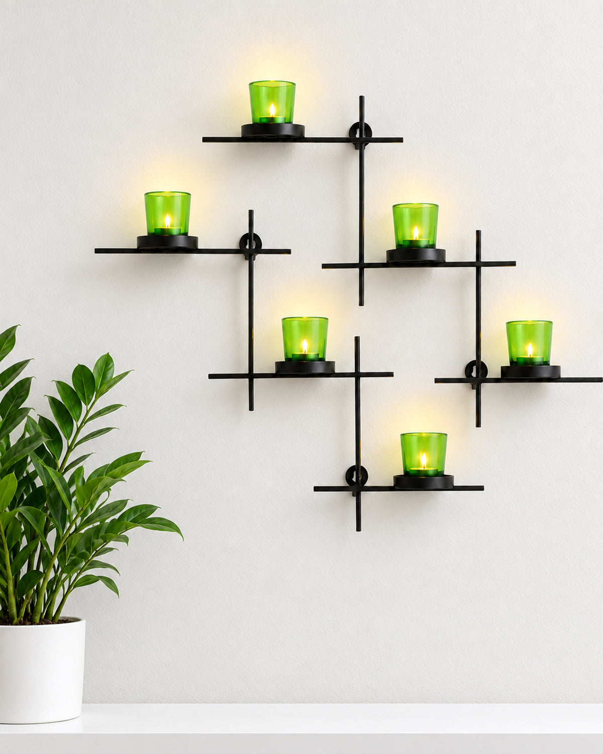 Homesake® Black Scorching Ladder with Six Votive Green, Wall Hanging Candle Tealight Holder, Set of 2