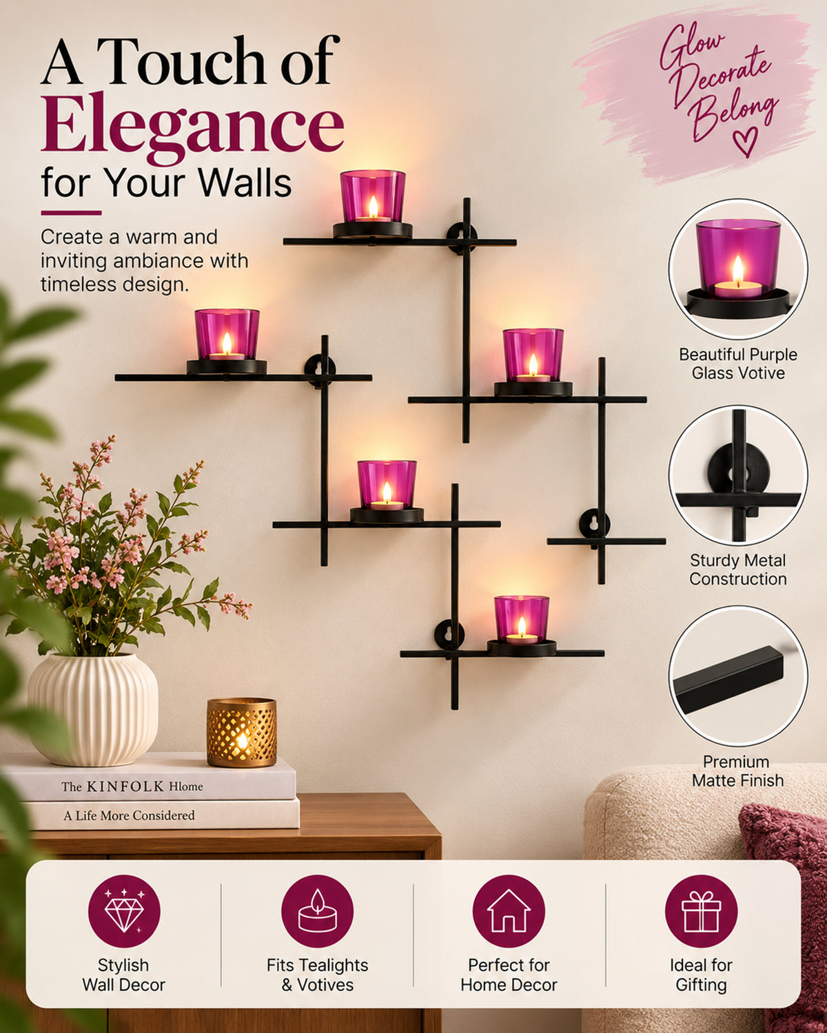 Homesake® Black Scorching Ladder with Six Votive Green, Wall Hanging Candle Tealight Holder, Set of 2