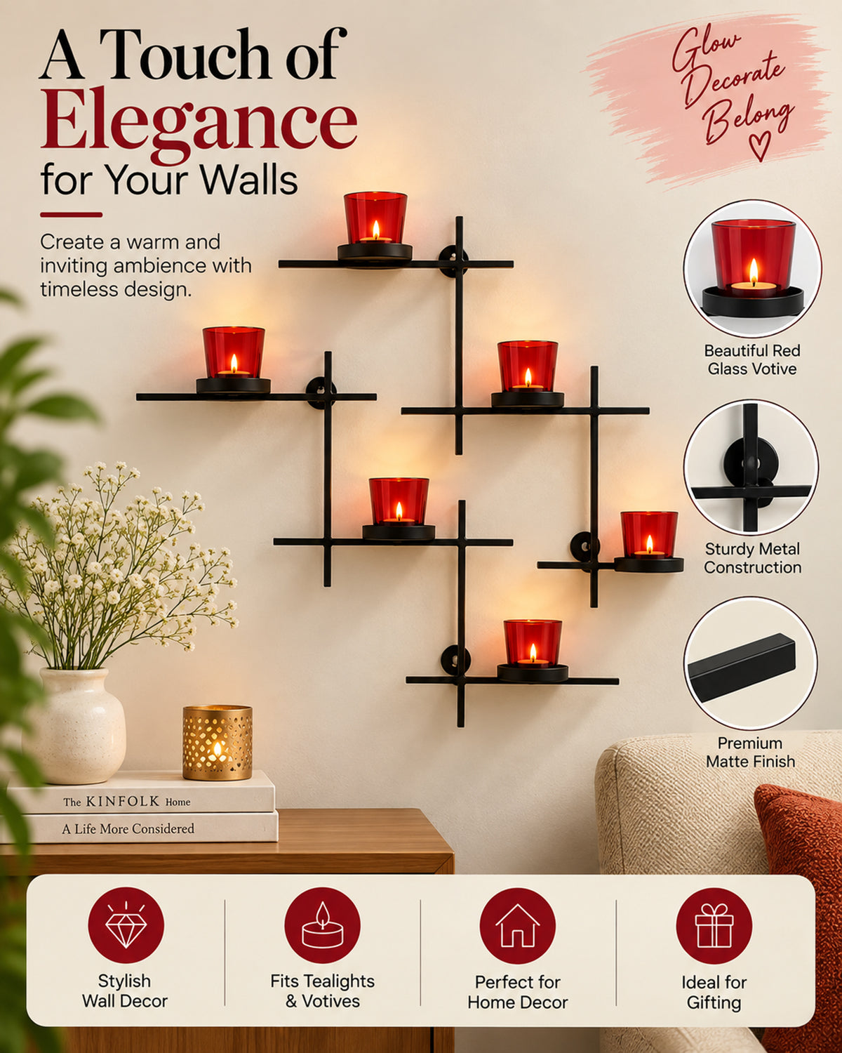 Homesake® Black Scorching Ladder with Six Votive Green, Wall Hanging Candle Tealight Holder, Set of 2