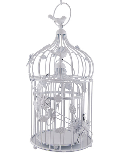 White Bird Cage with Floral Vine (Set of 2), with hanging chain