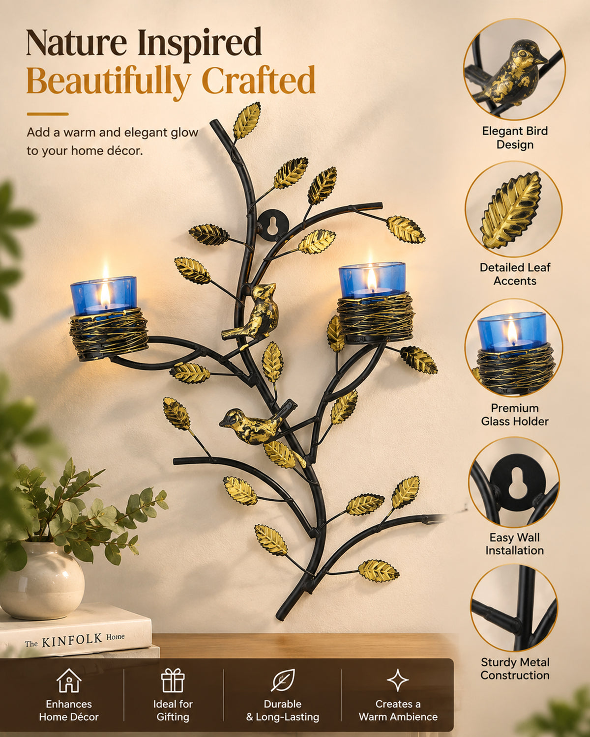 Tree with Bird Nest Votive Stand Blue, Wall Candle holder and Tealight candles