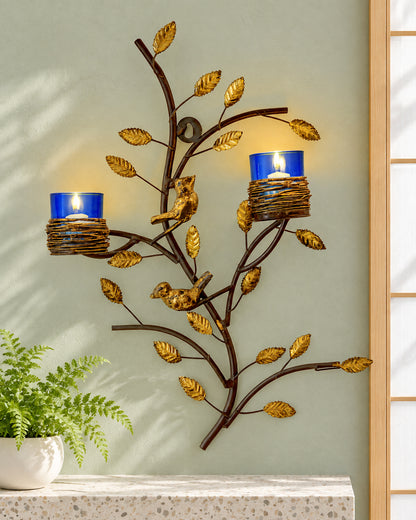 Tree with Bird Nest Votive Stand Blue, Wall Candle holder and Tealight candles
