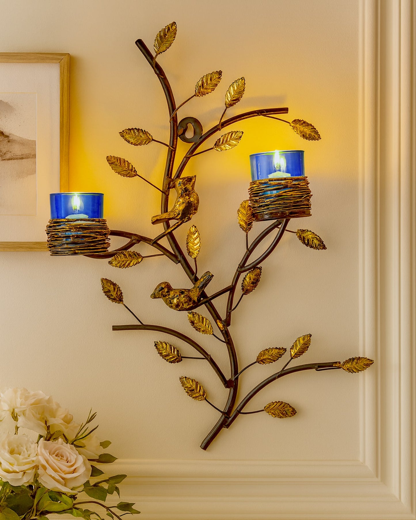 Tree with Bird Nest Votive Stand Blue, Wall Candle holder and Tealight candles